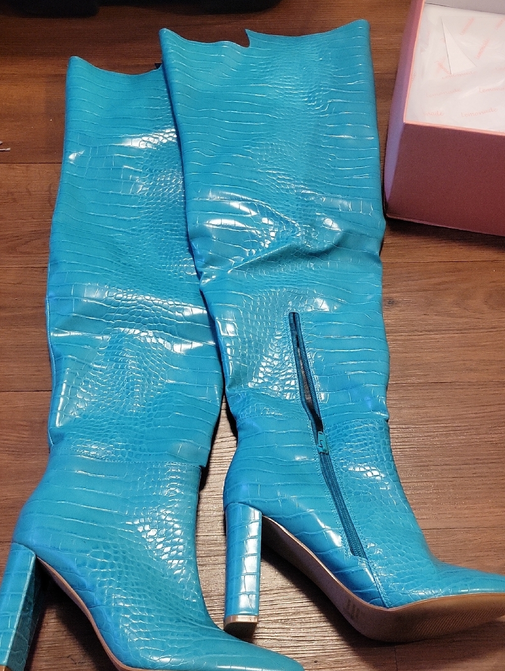 Turquoise Croc-Embossed Over-the-Knee Boots with Block Heel